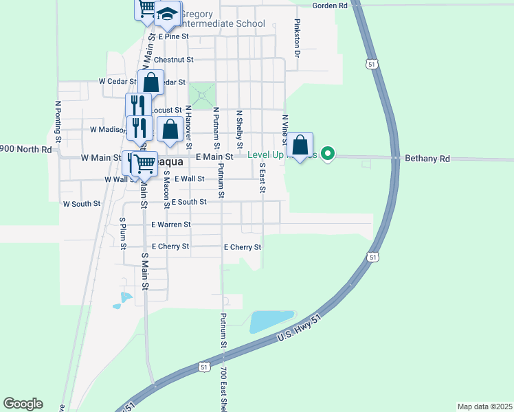 map of restaurants, bars, coffee shops, grocery stores, and more near 300 South East Street in Moweaqua