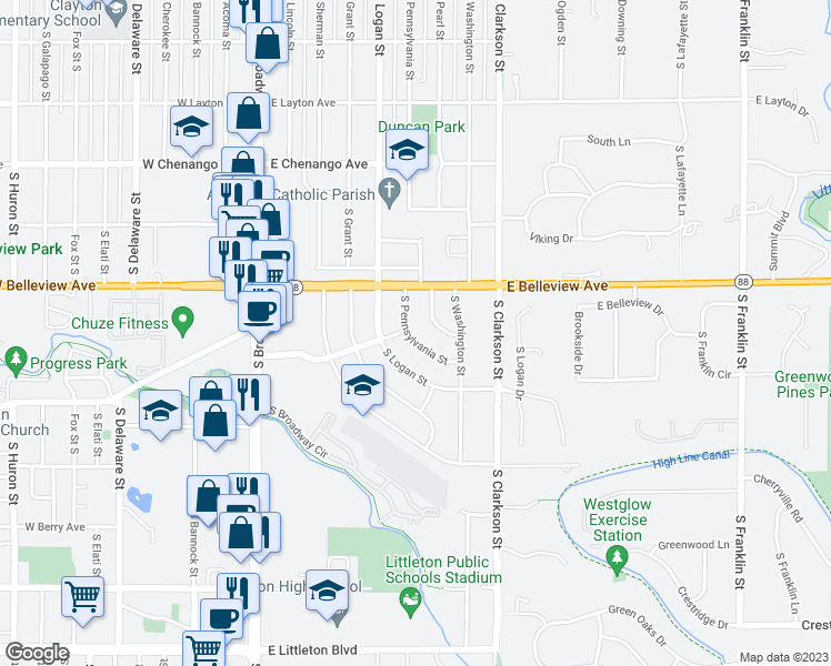 map of restaurants, bars, coffee shops, grocery stores, and more near 5150 South Pennsylvania Street in Littleton