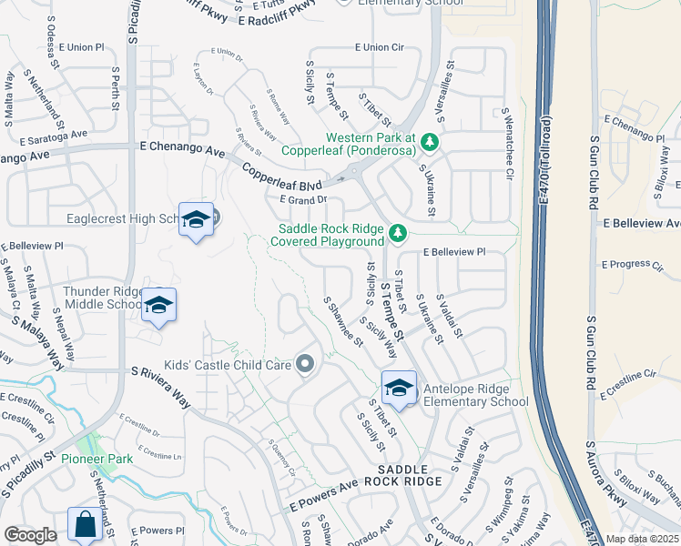 map of restaurants, bars, coffee shops, grocery stores, and more near 22256 East Belleview Lane in Aurora