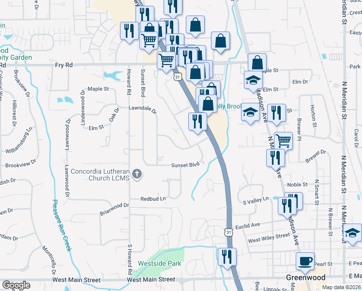 map of restaurants, bars, coffee shops, grocery stores, and more near 291 Meadow Drive in Greenwood