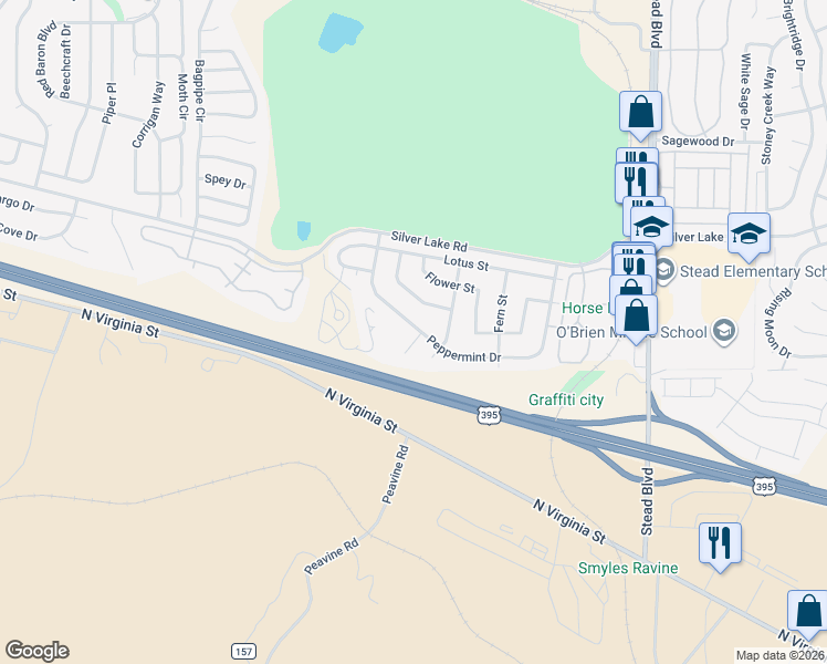 map of restaurants, bars, coffee shops, grocery stores, and more near 6763 Peppermint Court in Reno
