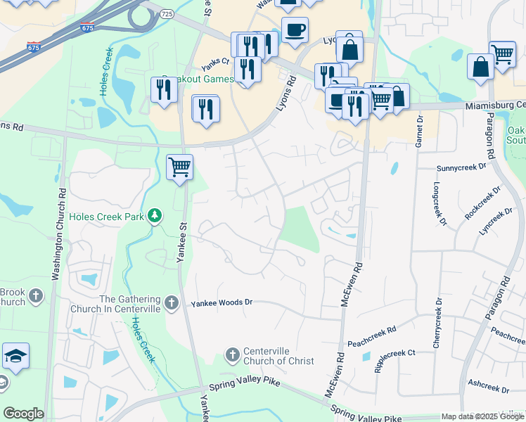 map of restaurants, bars, coffee shops, grocery stores, and more near 1479 Parkbrook Drive in Dayton