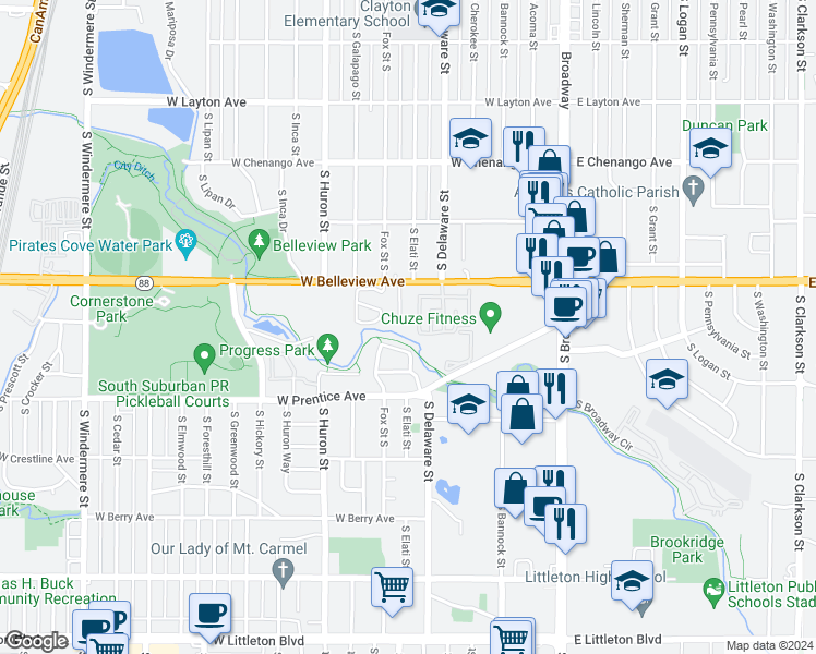 map of restaurants, bars, coffee shops, grocery stores, and more near 5176 South Elati Drive in Englewood