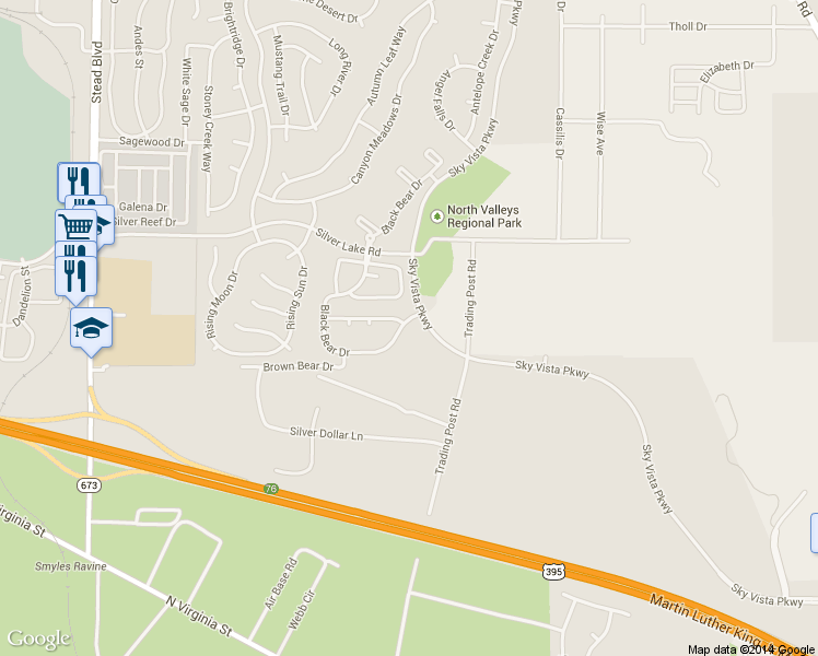 map of restaurants, bars, coffee shops, grocery stores, and more near 9502 Black Bear Drive in Reno