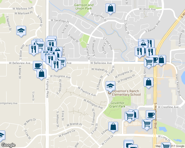 map of restaurants, bars, coffee shops, grocery stores, and more near 9193 West Progress Avenue in Littleton