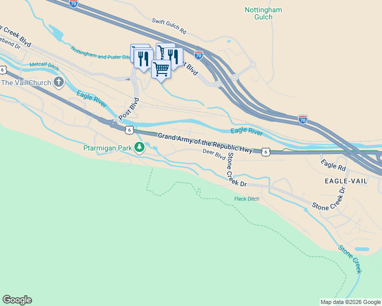 map of restaurants, bars, coffee shops, grocery stores, and more near 422 Deer Boulevard in Avon