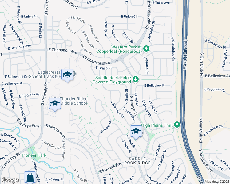 map of restaurants, bars, coffee shops, grocery stores, and more near 22256 East Belleview Lane in Aurora