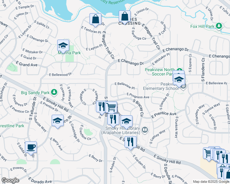 map of restaurants, bars, coffee shops, grocery stores, and more near 5154 South Andes Street in Centennial