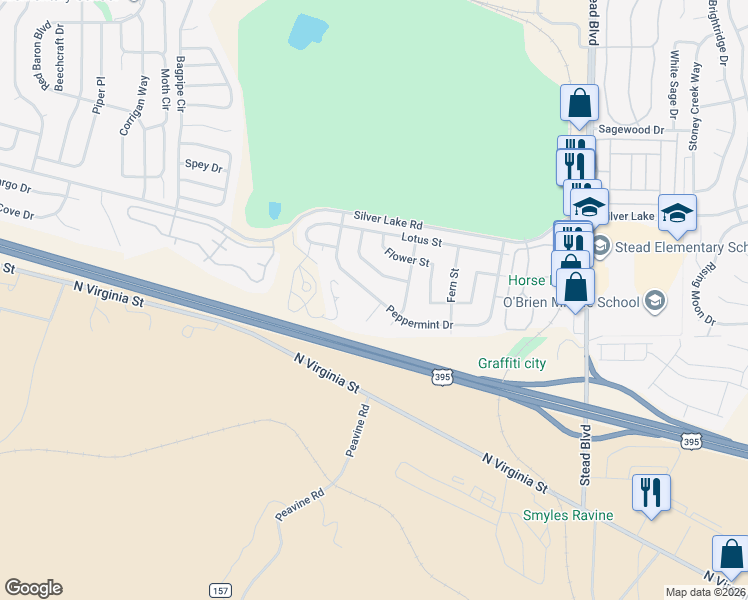 map of restaurants, bars, coffee shops, grocery stores, and more near 6763 Peppermint Court in Reno