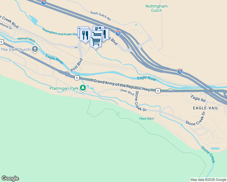 map of restaurants, bars, coffee shops, grocery stores, and more near 422 Deer Boulevard in Avon