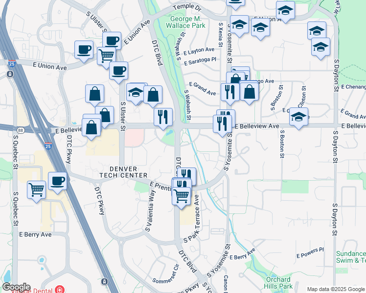 map of restaurants, bars, coffee shops, grocery stores, and more near 8400 East Crescent Parkway in Greenwood Village