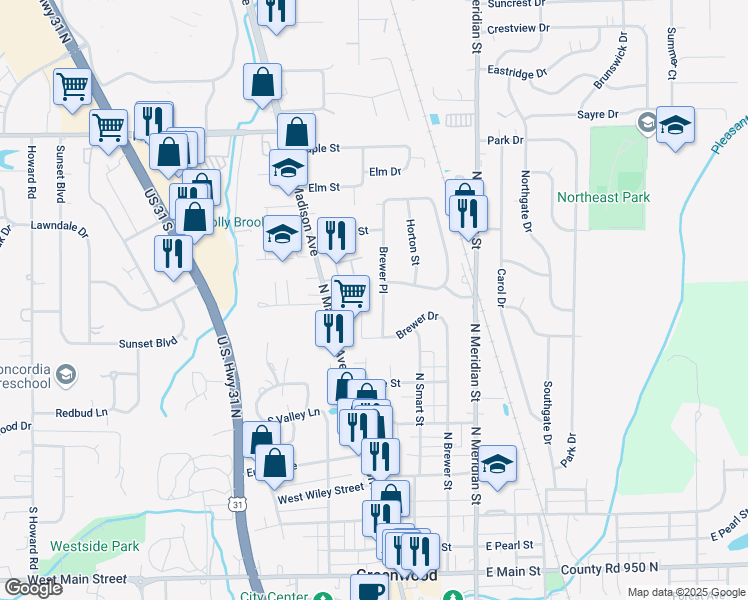 map of restaurants, bars, coffee shops, grocery stores, and more near 412 Brewer Place in Greenwood
