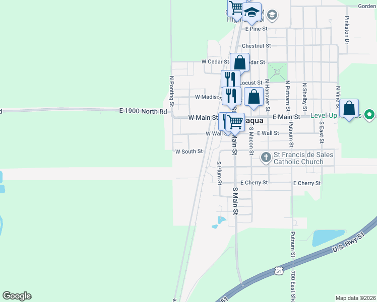 map of restaurants, bars, coffee shops, grocery stores, and more near 301 West South Street in Moweaqua