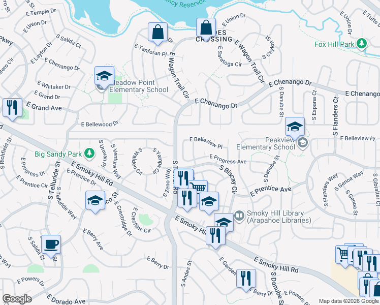 map of restaurants, bars, coffee shops, grocery stores, and more near 5154 South Andes Street in Centennial