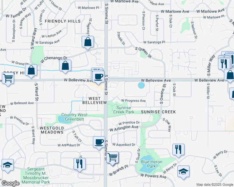 map of restaurants, bars, coffee shops, grocery stores, and more near 5176 South Routt Court in Littleton