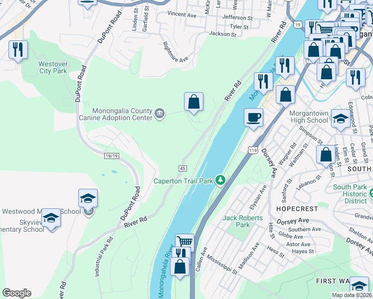 map of restaurants, bars, coffee shops, grocery stores, and more near 516 River Rd in Westover