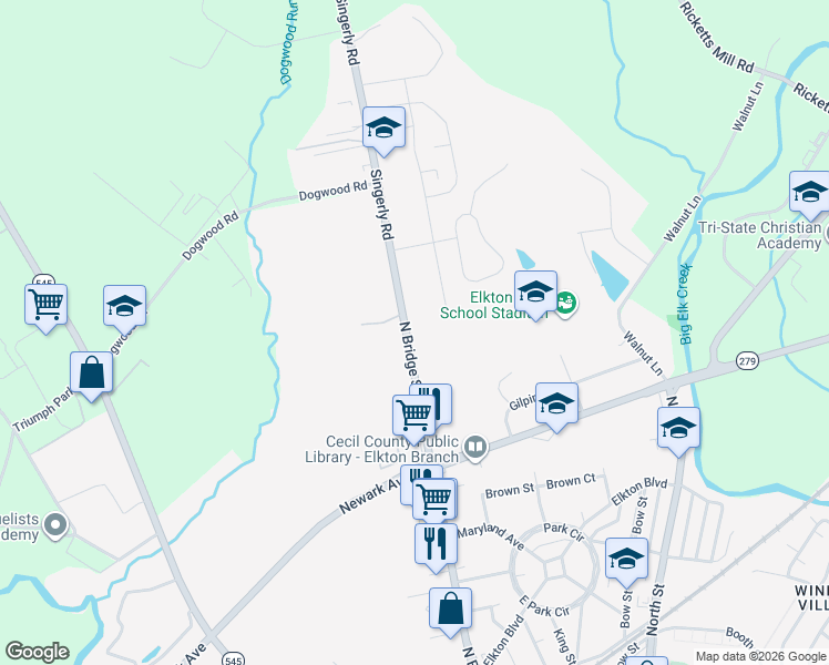 map of restaurants, bars, coffee shops, grocery stores, and more near 917 North Bridge Street in Elkton