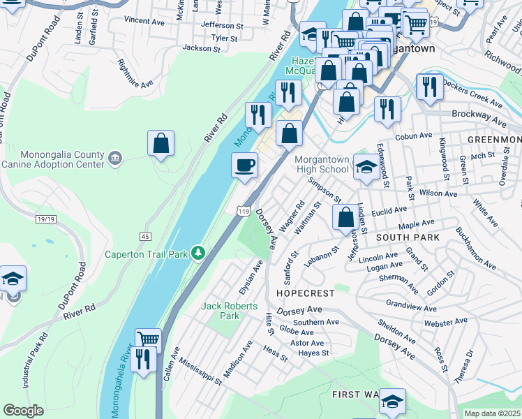 map of restaurants, bars, coffee shops, grocery stores, and more near 310 Ford Street in Morgantown