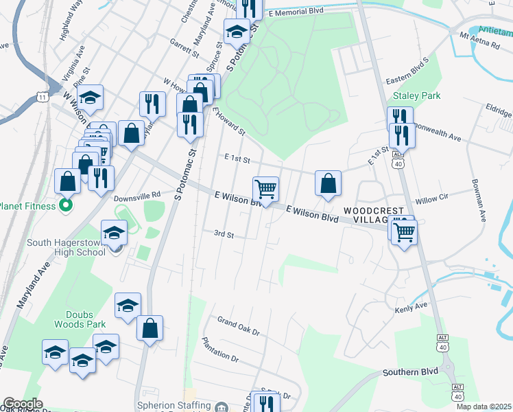 map of restaurants, bars, coffee shops, grocery stores, and more near 1000 Rose Hill Avenue in Hagerstown