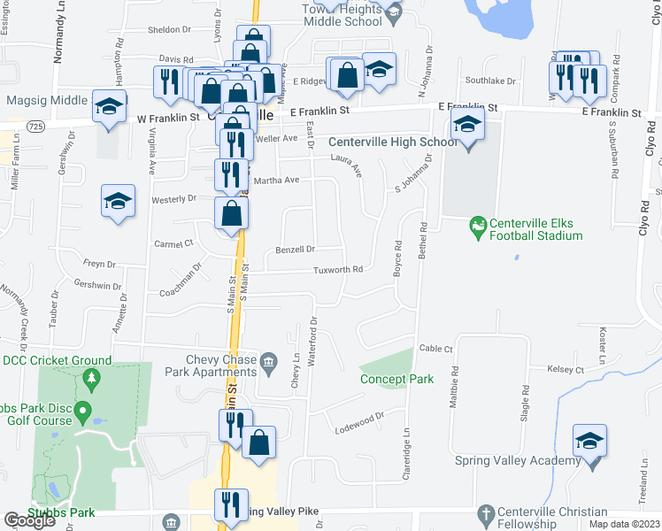 map of restaurants, bars, coffee shops, grocery stores, and more near 115 Tuxworth Road in Dayton