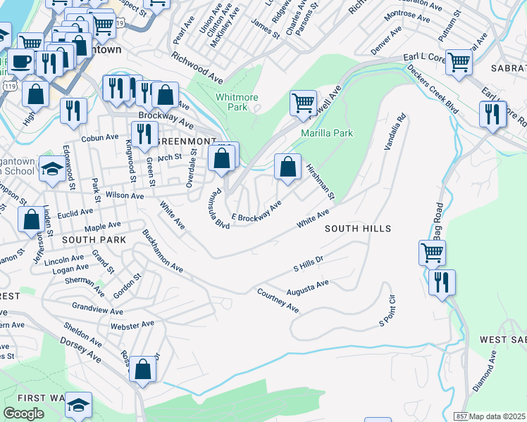 map of restaurants, bars, coffee shops, grocery stores, and more near 522 East Brockway Avenue in Morgantown