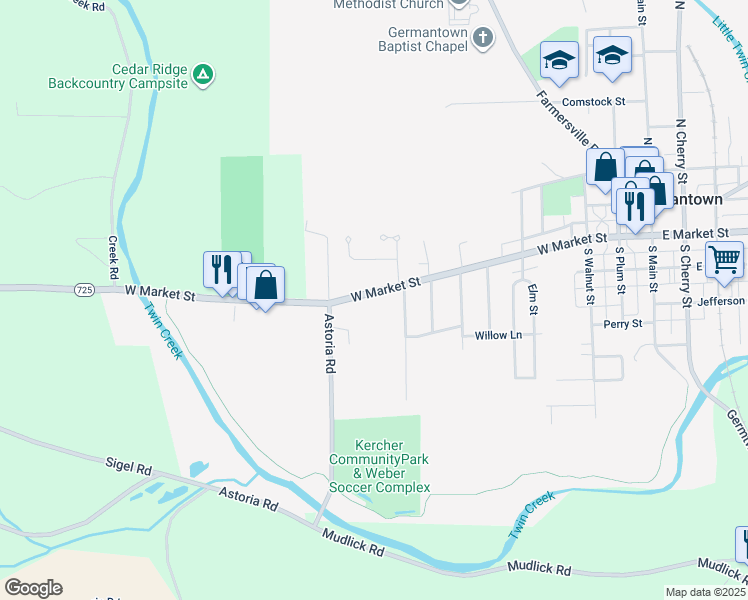 map of restaurants, bars, coffee shops, grocery stores, and more near 877 West Market Street in Germantown