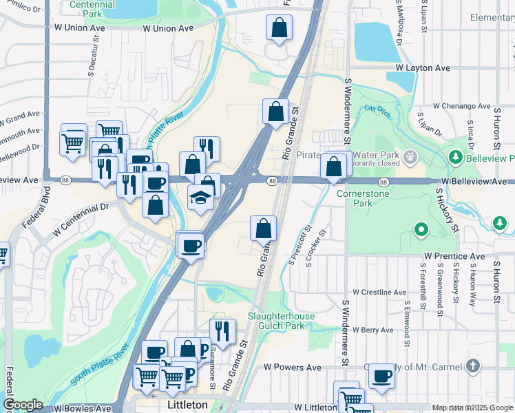map of restaurants, bars, coffee shops, grocery stores, and more near 5151 South Rio Grande Street in Littleton