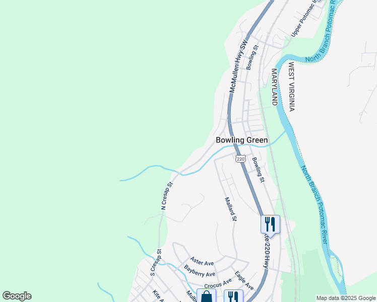 map of restaurants, bars, coffee shops, grocery stores, and more near 12713 North Cresap Street in Cumberland