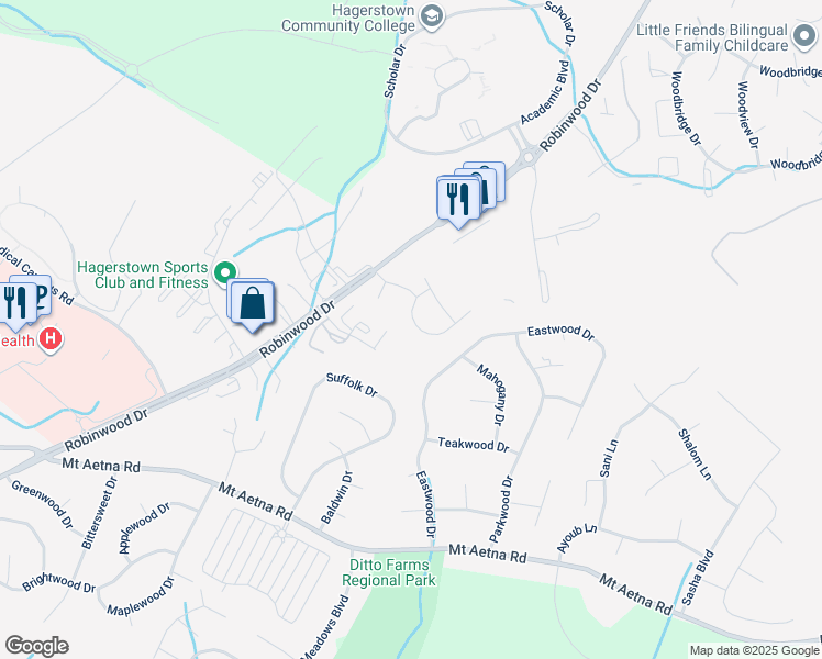 map of restaurants, bars, coffee shops, grocery stores, and more near 20141 Kellys Lane in Hagerstown