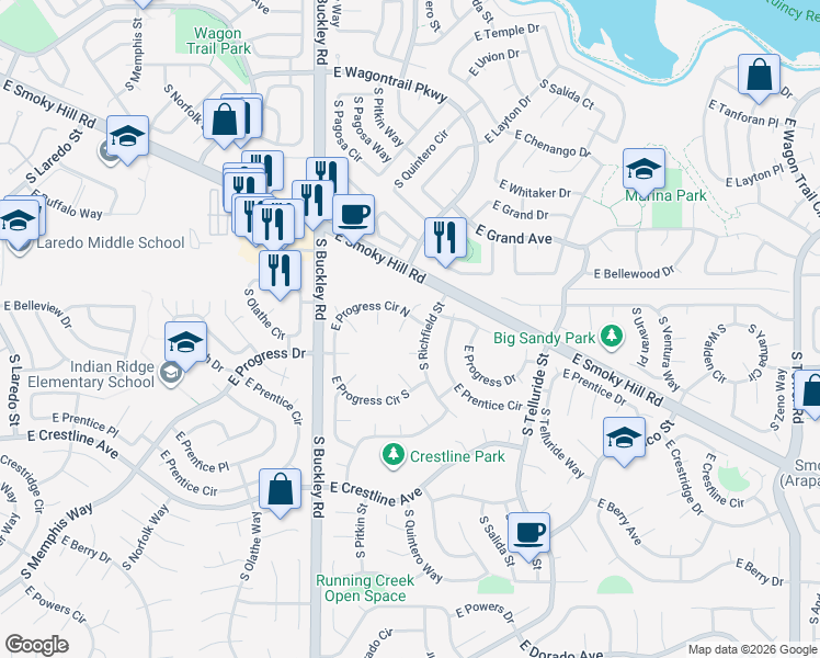 map of restaurants, bars, coffee shops, grocery stores, and more near 5192 South Quintero Street in Centennial