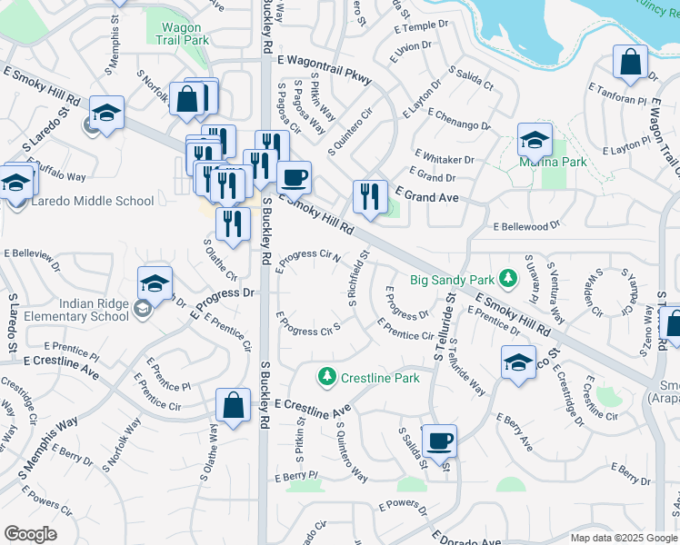 map of restaurants, bars, coffee shops, grocery stores, and more near 5192 South Quintero Street in Centennial