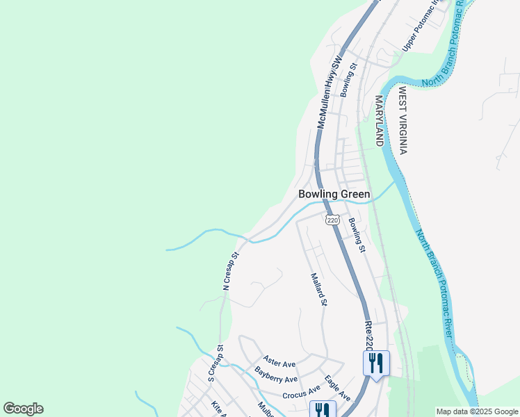 map of restaurants, bars, coffee shops, grocery stores, and more near 12713 North Cresap Street in Cumberland