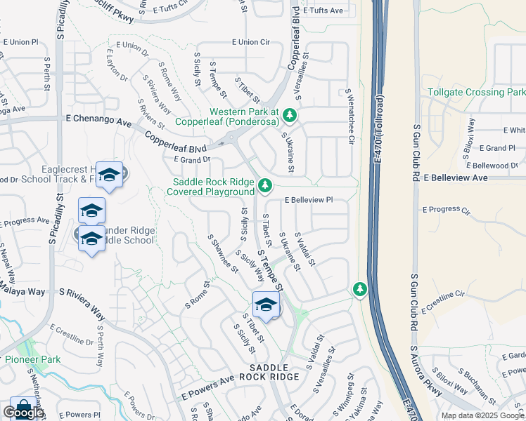 map of restaurants, bars, coffee shops, grocery stores, and more near 5149 South Tibet Street in Aurora