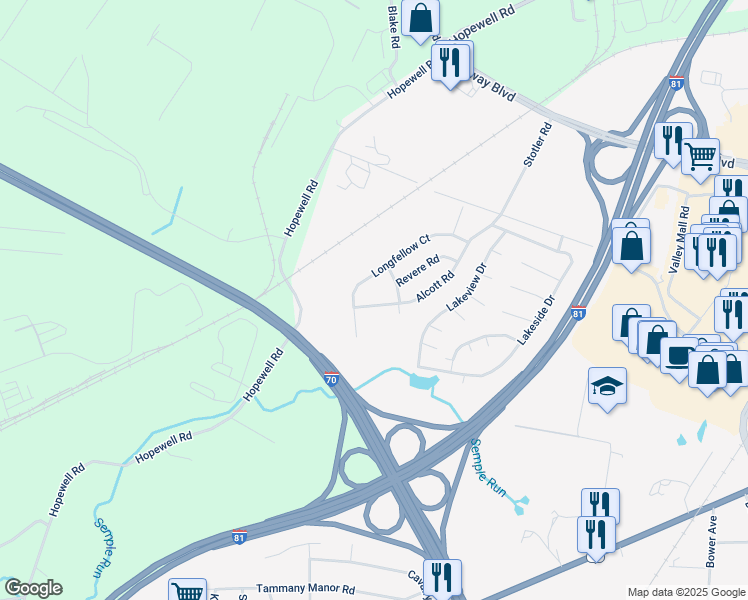 map of restaurants, bars, coffee shops, grocery stores, and more near 16810 Alcott Road in Hagerstown