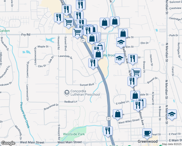 map of restaurants, bars, coffee shops, grocery stores, and more near 282 Meadow Drive in Greenwood