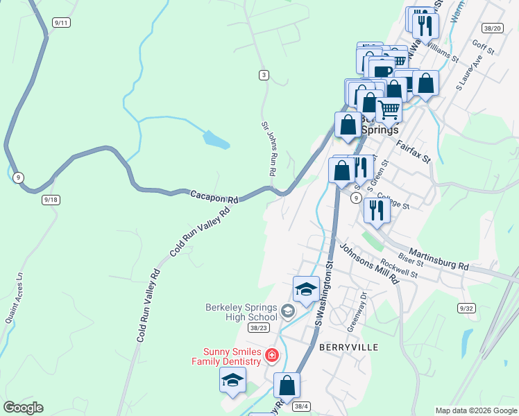 map of restaurants, bars, coffee shops, grocery stores, and more near 551 Cacapon Road in Berkeley Springs