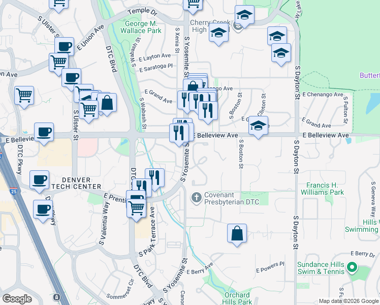 map of restaurants, bars, coffee shops, grocery stores, and more near 5 Coral Place in Greenwood Village