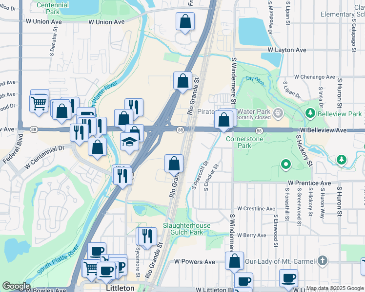 map of restaurants, bars, coffee shops, grocery stores, and more near 5151 South Rio Grande Street in Littleton