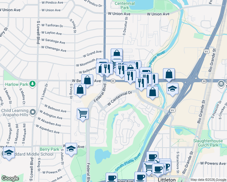 map of restaurants, bars, coffee shops, grocery stores, and more near 3000 West Belleview Avenue in Littleton