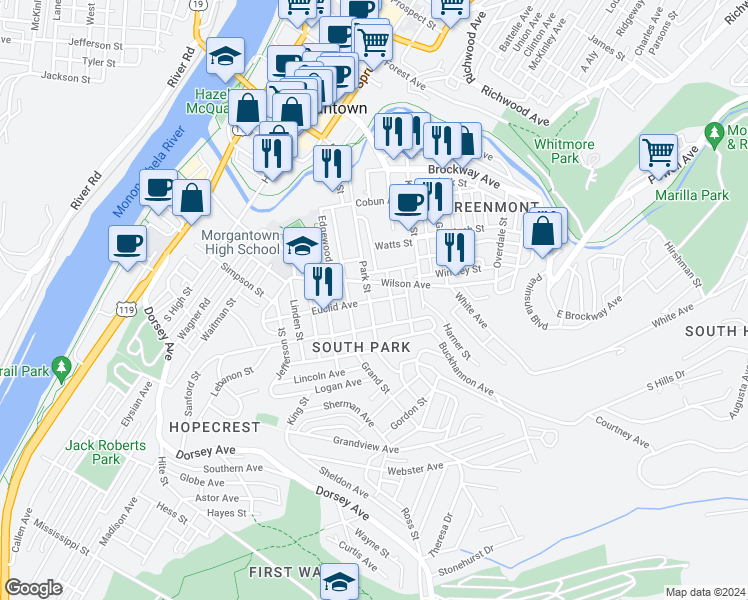 map of restaurants, bars, coffee shops, grocery stores, and more near 446 Ash Street in Morgantown