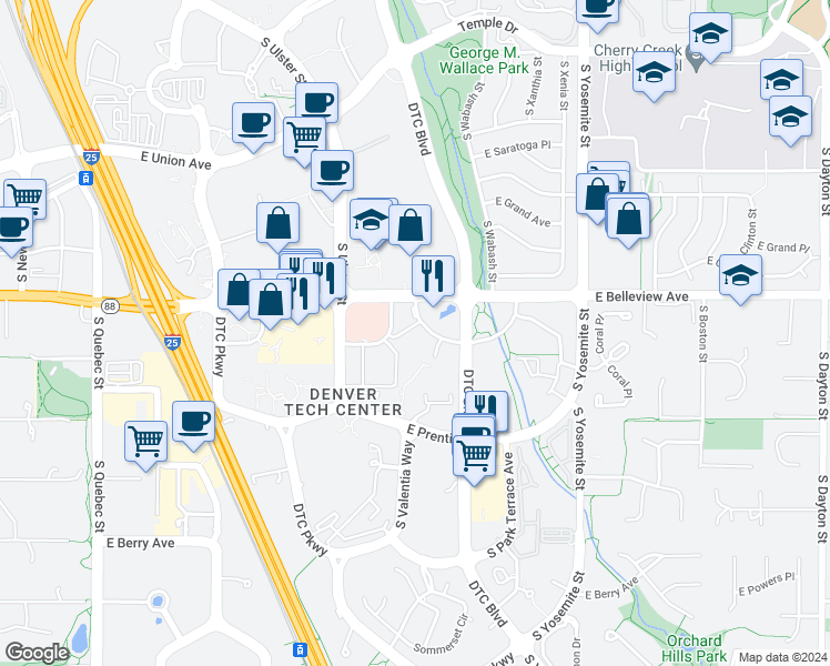 map of restaurants, bars, coffee shops, grocery stores, and more near 8350 East Crescent Parkway in Greenwood Village