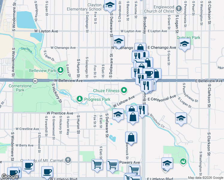 map of restaurants, bars, coffee shops, grocery stores, and more near 343 West Lehow Avenue in Englewood