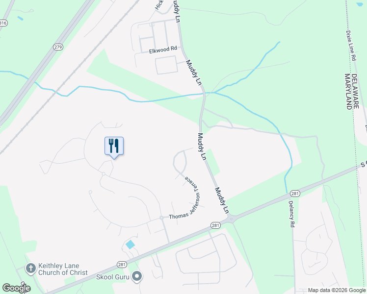 map of restaurants, bars, coffee shops, grocery stores, and more near 133 Thomas Jefferson Terrace in Elkton