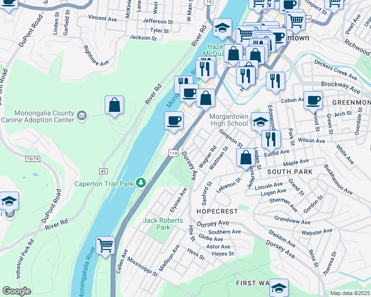 map of restaurants, bars, coffee shops, grocery stores, and more near 145 Dorsey Avenue in Morgantown
