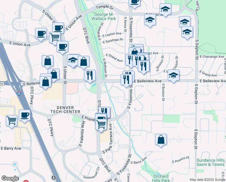 map of restaurants, bars, coffee shops, grocery stores, and more near 8899 East Prentice Avenue in Greenwood Village
