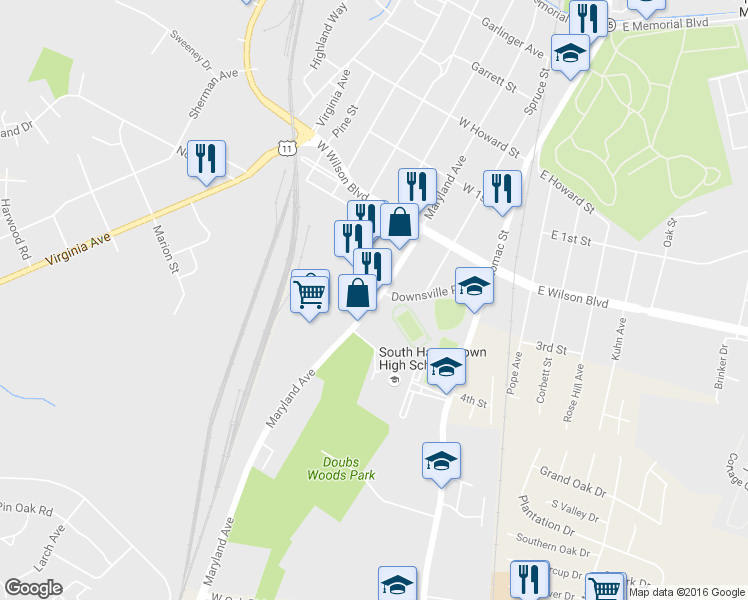 map of restaurants, bars, coffee shops, grocery stores, and more near 1085 Maryland Avenue in Hagerstown