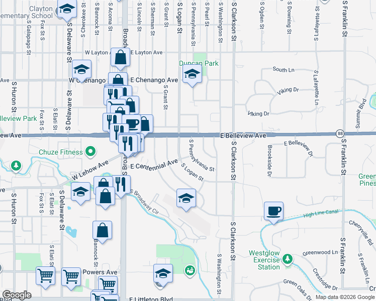 map of restaurants, bars, coffee shops, grocery stores, and more near 5181 South Pennsylvania Street in Littleton