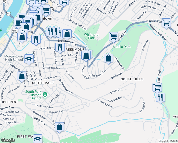 map of restaurants, bars, coffee shops, grocery stores, and more near 500 East Brockway Avenue in Morgantown