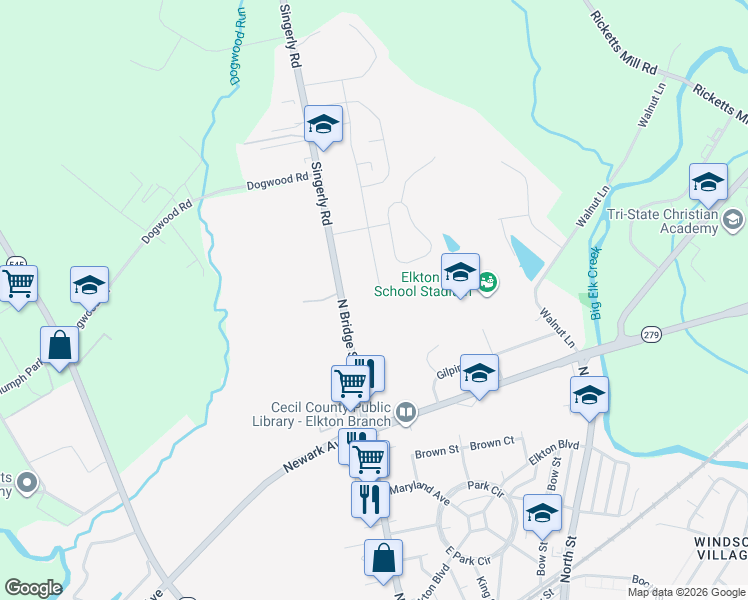 map of restaurants, bars, coffee shops, grocery stores, and more near 916 North Bridge Street in Elkton
