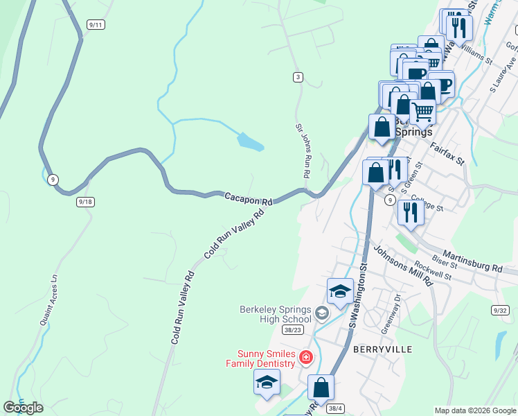 map of restaurants, bars, coffee shops, grocery stores, and more near 14 Cold Run Valley Road in Berkeley Springs